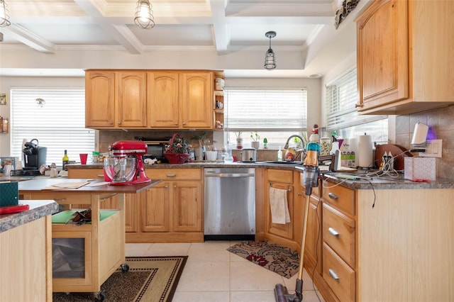 kitchen featuring dishwasher, sink, tasteful backsplash, decorative light fixtures, and light tile patterned floors