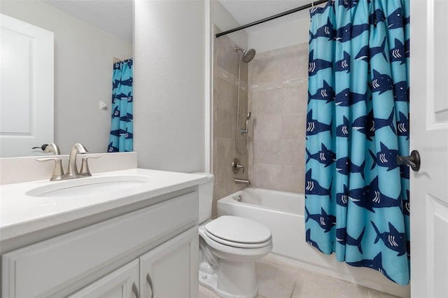 full bathroom with toilet, vanity, shower / bath combination with curtain, and tile patterned flooring