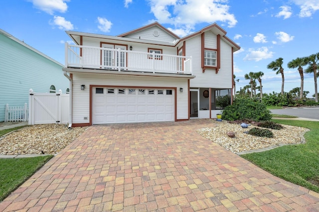 53 Sea Vista Dr, Palm Coast, FL 32137 - view of front of home with a balcony, decorative driveway, a garage, a gate, and fence