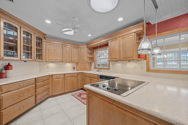 kitchen with dishwasher, black electric cooktop, hanging light fixtures, sink, and ceiling fan