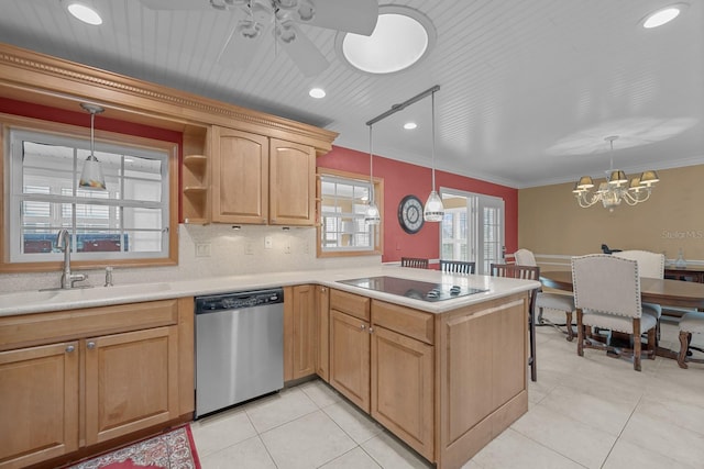 kitchen with black electric cooktop, stainless steel dishwasher, sink, and kitchen peninsula