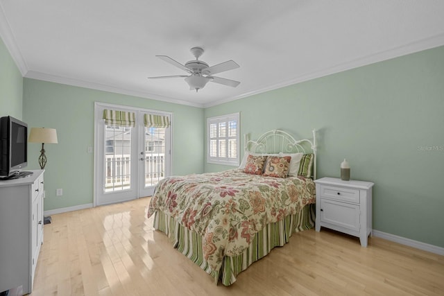 bedroom with light hardwood / wood-style floors, access to outside, ornamental molding, and ceiling fan