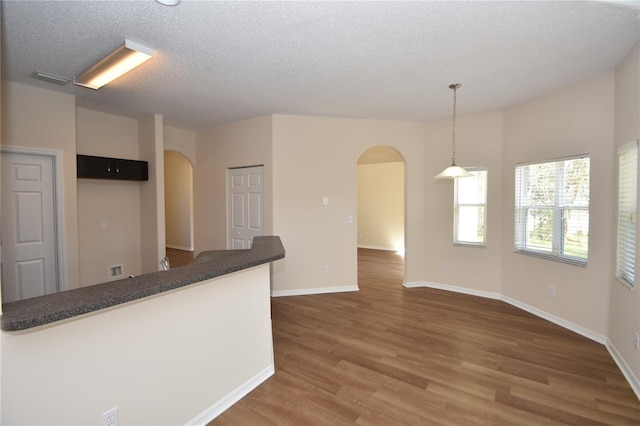 kitchen featuring wood-type flooring, a textured ceiling, and decorative light fixtures