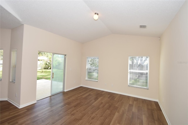 empty room featuring lofted ceiling, dark wood-type flooring, and a textured ceiling