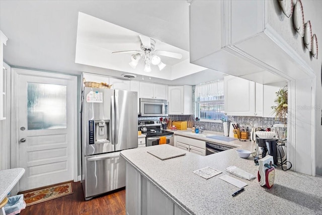 kitchen with appliances with stainless steel finishes, white cabinetry, ceiling fan, decorative backsplash, and dark hardwood / wood-style floors