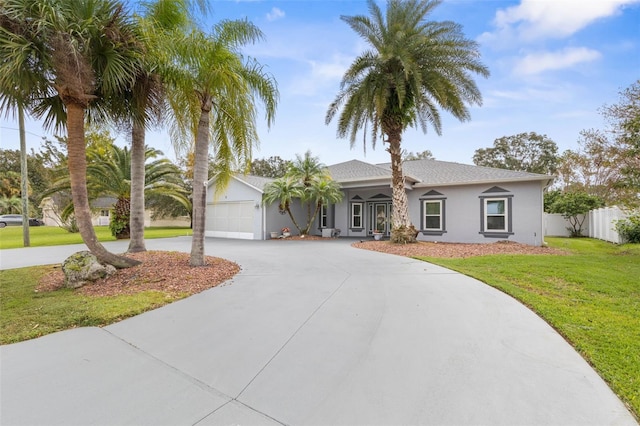 ranch-style house featuring a front lawn and a garage