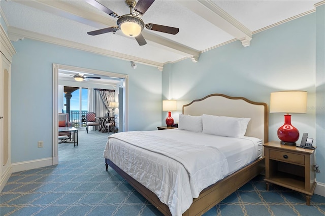 carpeted bedroom with ceiling fan, crown molding, and beamed ceiling