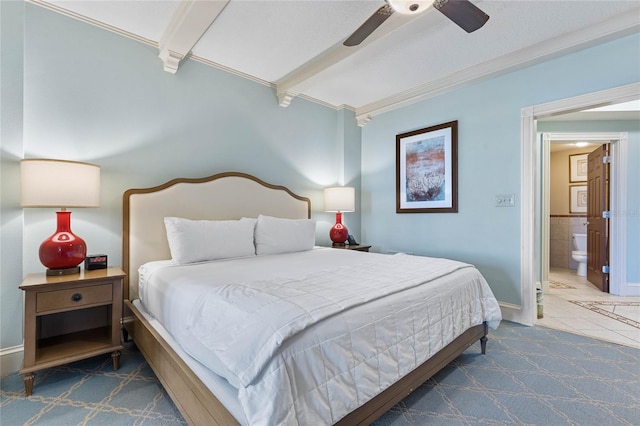 bedroom with crown molding, beam ceiling, connected bathroom, and ceiling fan