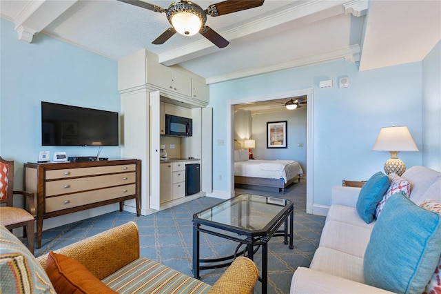 carpeted living room featuring ornamental molding, a textured ceiling, and ceiling fan