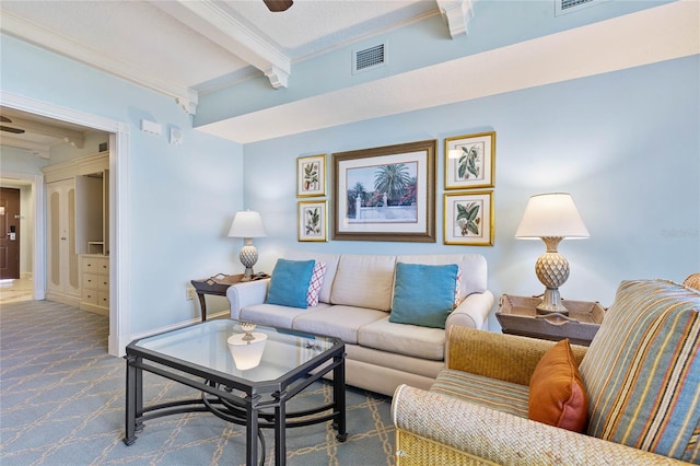 carpeted living room featuring beam ceiling and ornamental molding