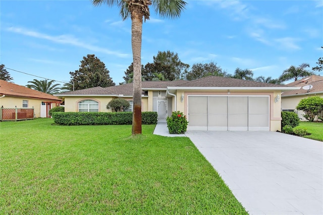 single story home with a garage and a front yard