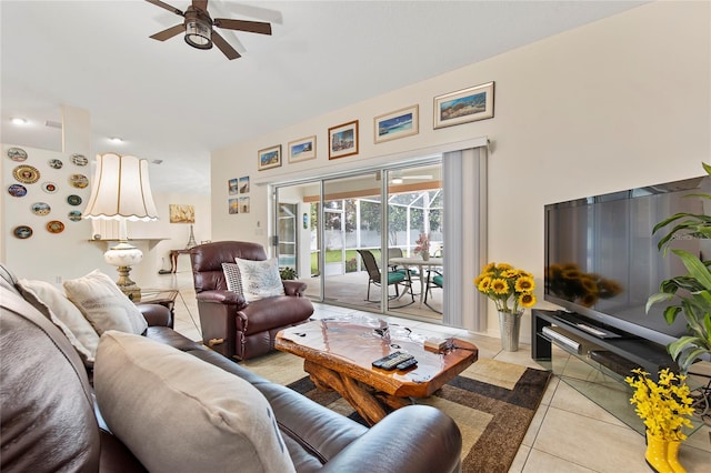 tiled living room featuring ceiling fan