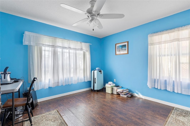 office with ceiling fan, a textured ceiling, and dark hardwood / wood-style floors