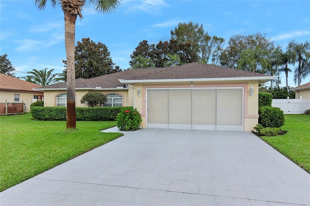 single story home with a front lawn and a garage