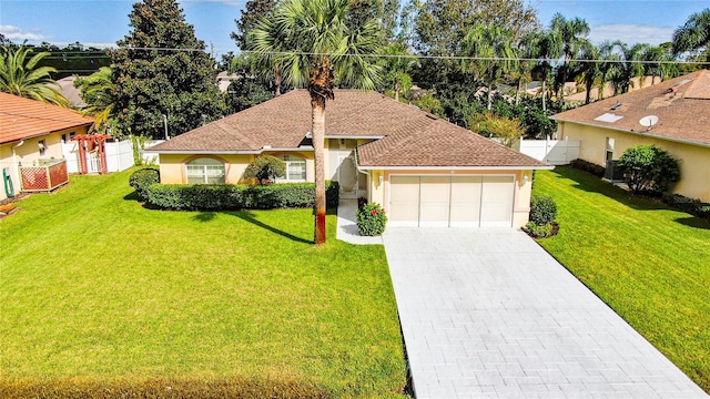 ranch-style home featuring a garage and a front lawn