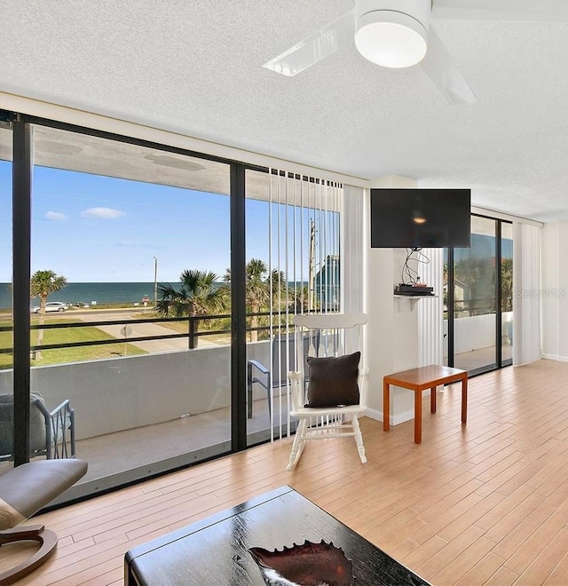 interior space featuring plenty of natural light, hardwood / wood-style floors, a textured ceiling, and a water view