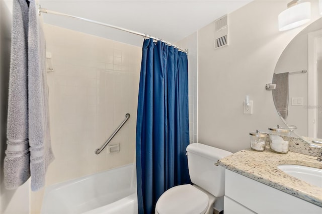 full bathroom featuring toilet, shower / bath combo, and vanity