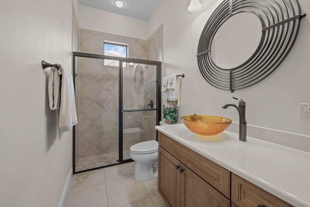 bathroom with tile patterned floors, vanity, toilet, and an enclosed shower