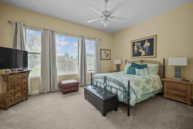 carpeted bedroom with multiple windows, ceiling fan, and a textured ceiling