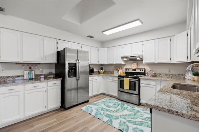 kitchen with white cabinetry, sink, stainless steel appliances, and light hardwood / wood-style floors