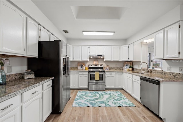 kitchen featuring white cabinetry, sink, light hardwood / wood-style floors, and appliances with stainless steel finishes