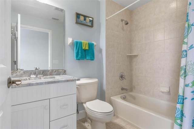 full bathroom featuring toilet, vanity, shower / bath combination with curtain, and tile patterned flooring