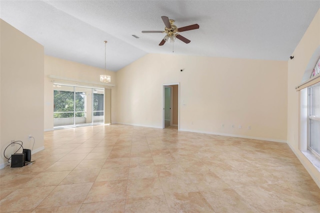 unfurnished living room featuring ceiling fan, high vaulted ceiling, a textured ceiling, and light tile patterned floors