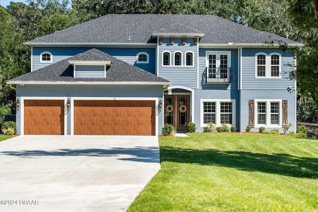 view of front facade featuring a front lawn and a garage