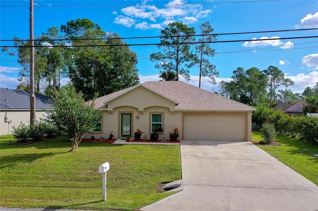 ranch-style house featuring a garage and a front lawn