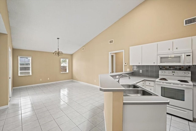 kitchen featuring white appliances, white cabinets, kitchen peninsula, and hanging light fixtures