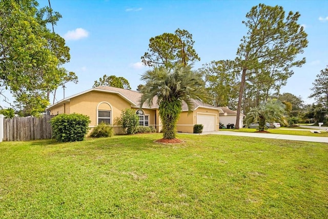 single story home with a garage and a front lawn