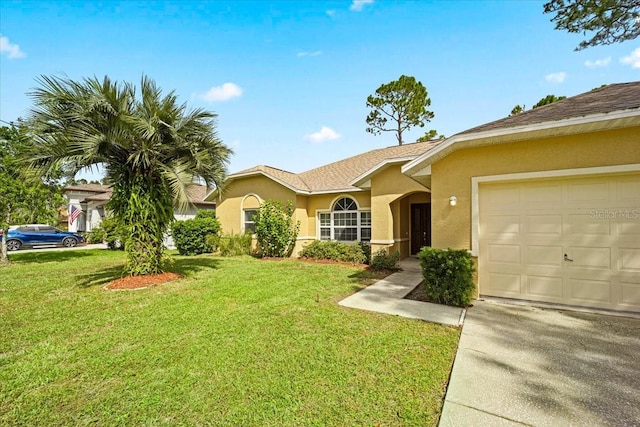 single story home with a front yard and a garage