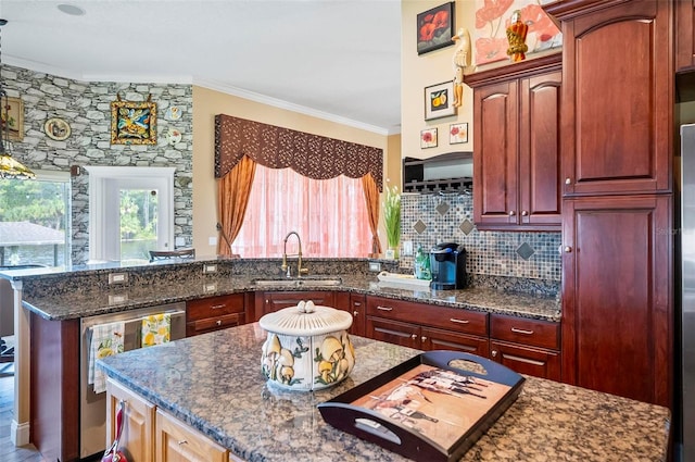 kitchen with tasteful backsplash, sink, dark stone countertops, wine cooler, and ornamental molding