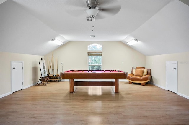 recreation room with light hardwood / wood-style floors, lofted ceiling, and ceiling fan