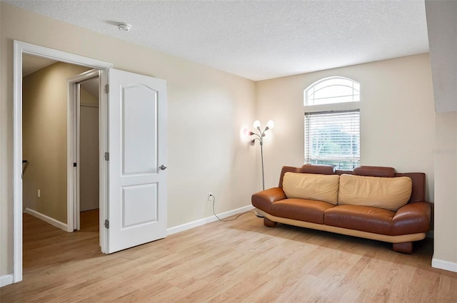 living room with light hardwood / wood-style floors and a textured ceiling