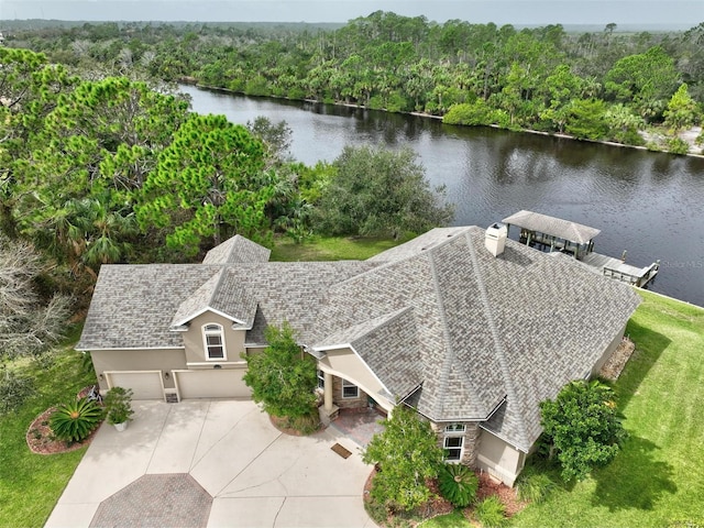 drone / aerial view featuring a water view