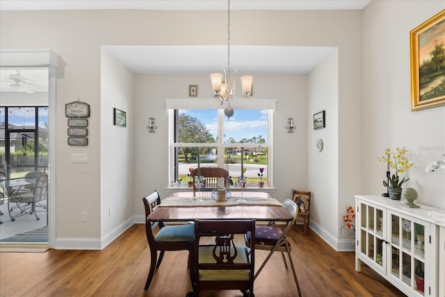 dining room featuring wood-type flooring and ceiling fan with notable chandelier