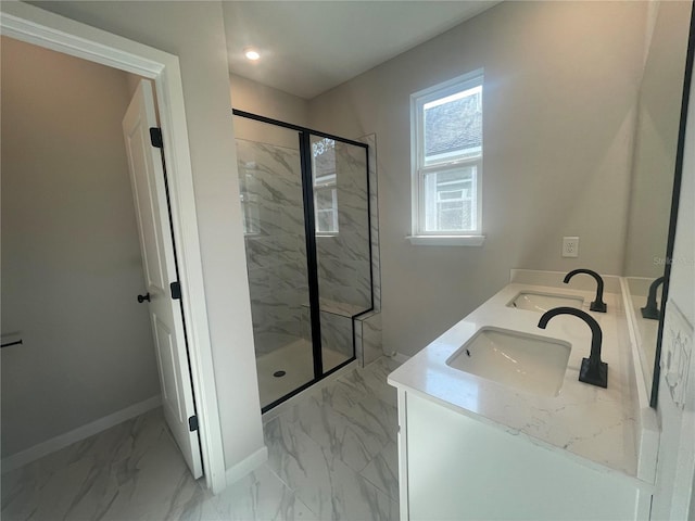 bathroom featuring vanity and a tile shower