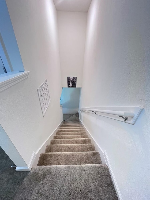 staircase featuring carpet flooring