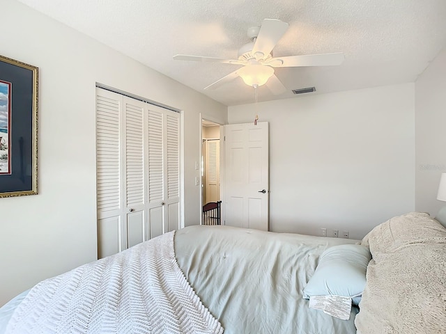 bedroom with a textured ceiling and ceiling fan