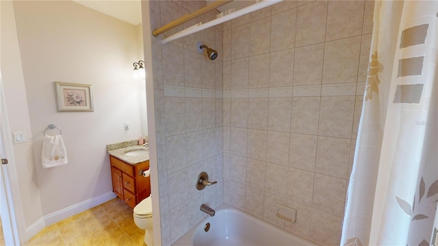 full bathroom featuring vanity, tile patterned flooring, toilet, and shower / bathtub combination with curtain