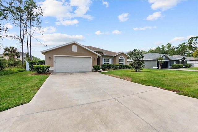 ranch-style home with a front yard and a garage