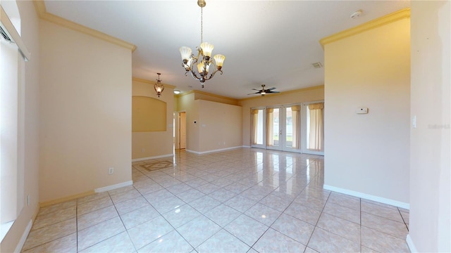 tiled spare room featuring ornamental molding and ceiling fan with notable chandelier