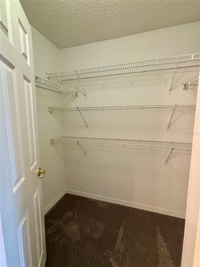 spacious closet featuring dark carpet