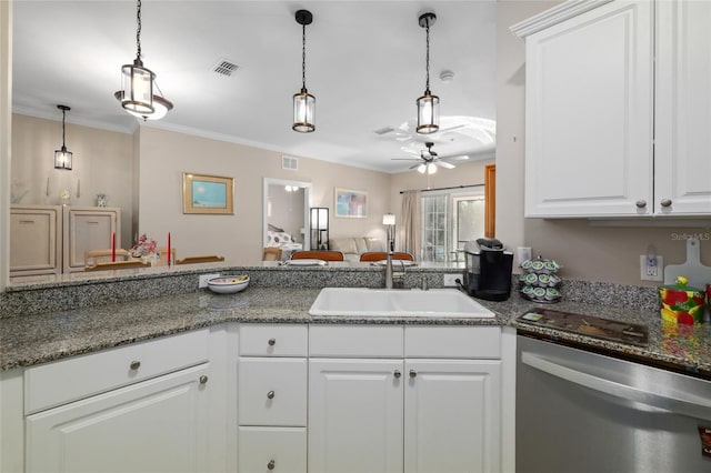 kitchen featuring ceiling fan, white cabinetry, dishwasher, decorative light fixtures, and sink