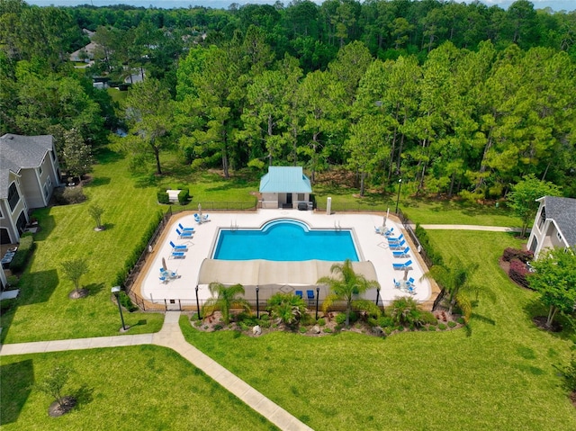 view of pool with a patio area and a lawn