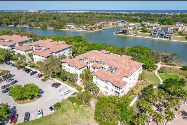 bird's eye view with a water view