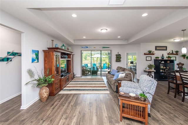 living room featuring dark hardwood / wood-style floors and a raised ceiling