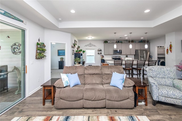 living room with hardwood / wood-style flooring and a raised ceiling