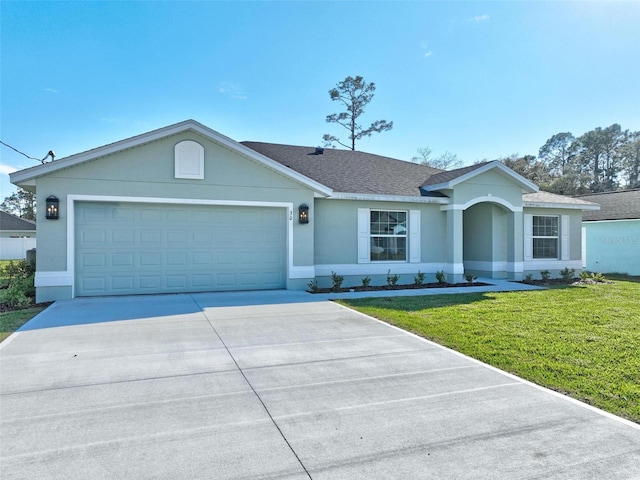 ranch-style house with a front lawn, concrete driveway, roof with shingles, stucco siding, and a garage